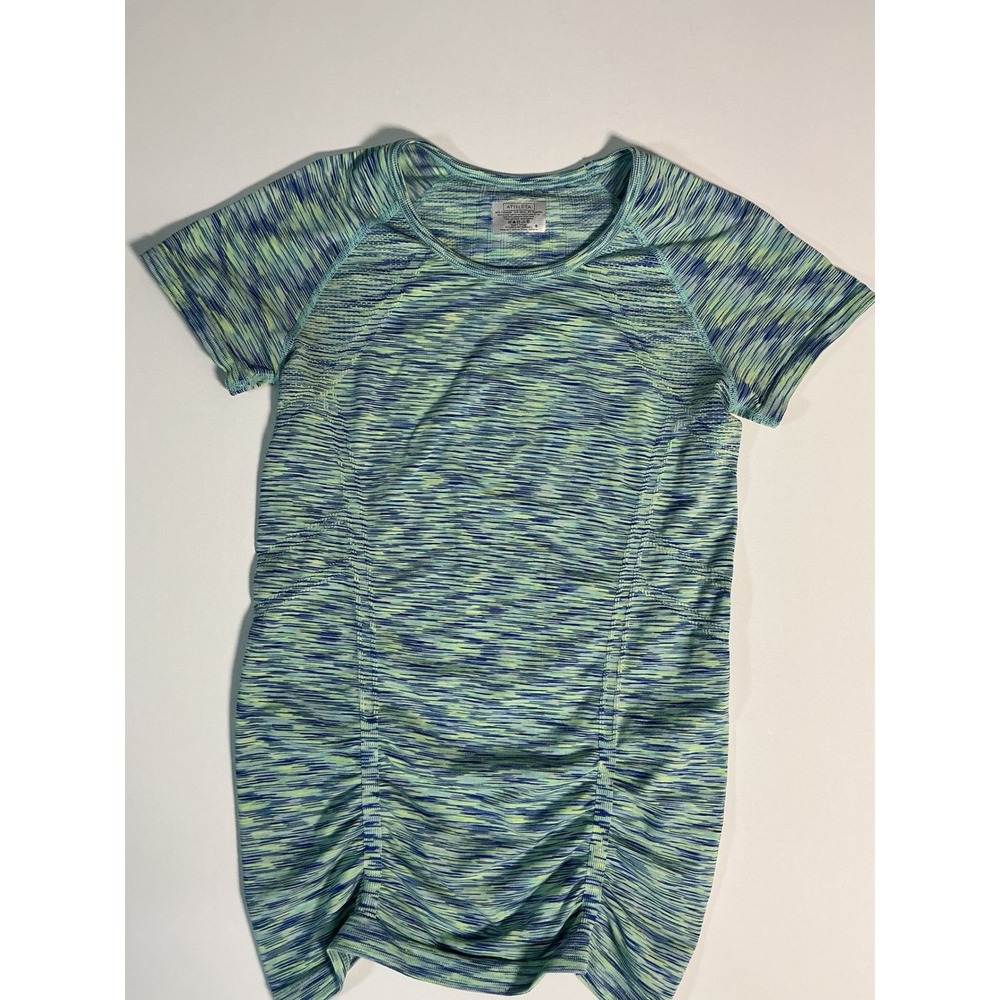 Athleta Fastest Track Tee Space Dye Ruched Blue Green Size S